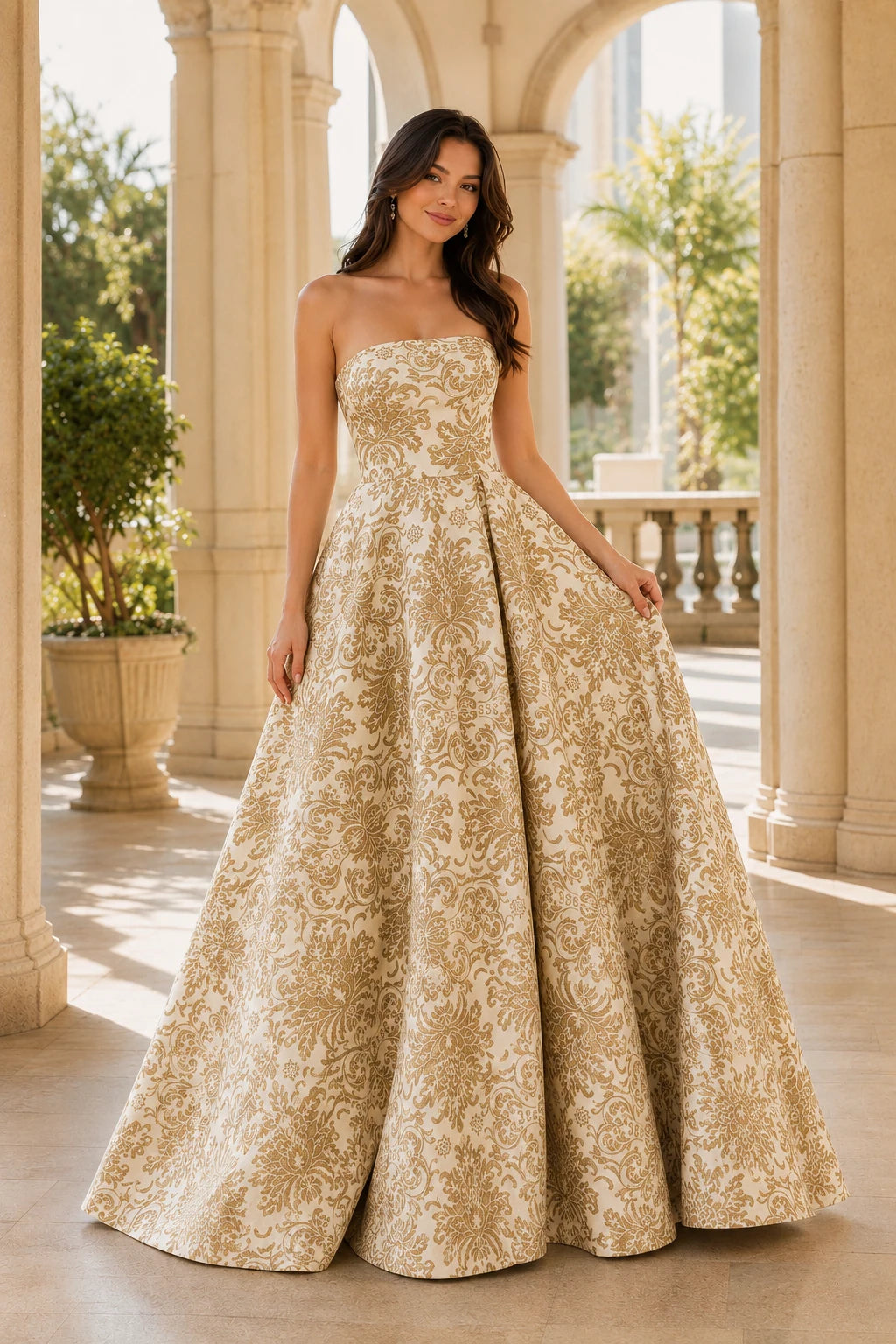 Natalia Strapless Floral Ball Gown Prom Dress in Champagne Gold Floral, front view