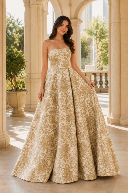 Natalia Strapless Floral Ball Gown Prom Dress in Champagne Gold Floral, front view