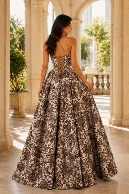 Natalia Strapless Floral Ball Gown Prom Dress in Chocolate Brown Floral, back view