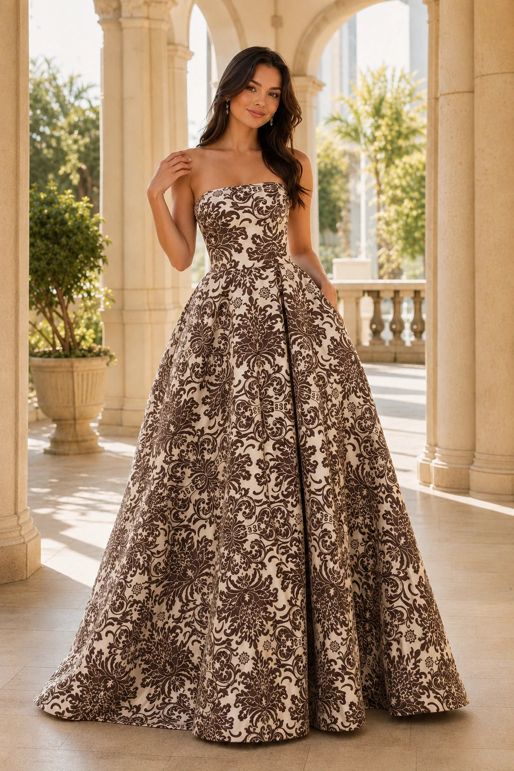 Natalia Strapless Floral Ball Gown Prom Dress in Chocolate Brown Floral, front view
