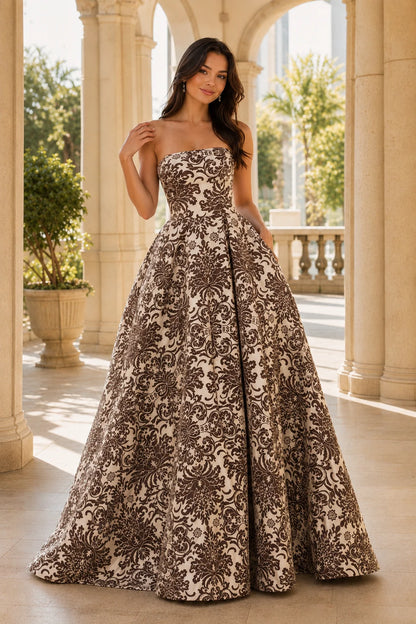 Natalia Strapless Floral Ball Gown Prom Dress in Chocolate Brown Floral, front view