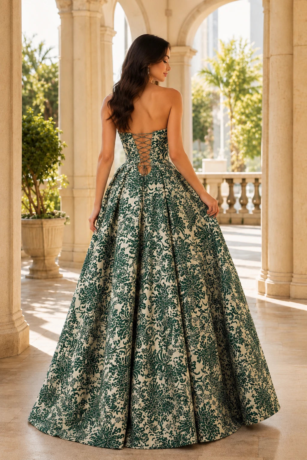 Natalia Strapless Floral Ball Gown Prom Dress in Emerald Green Floral, back view