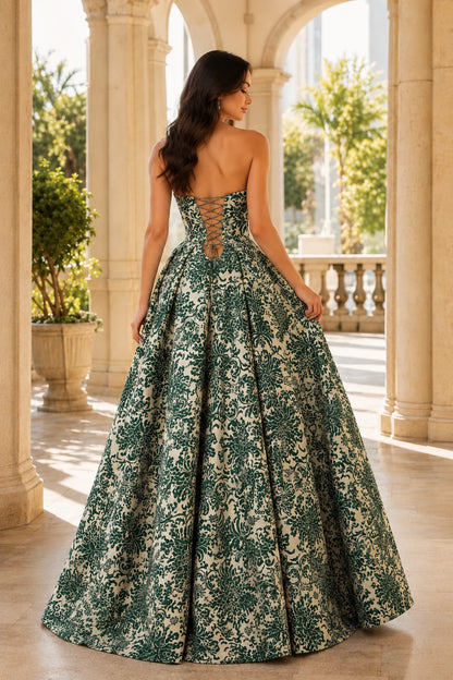 Natalia Strapless Floral Ball Gown Prom Dress in Emerald Green Floral, back view