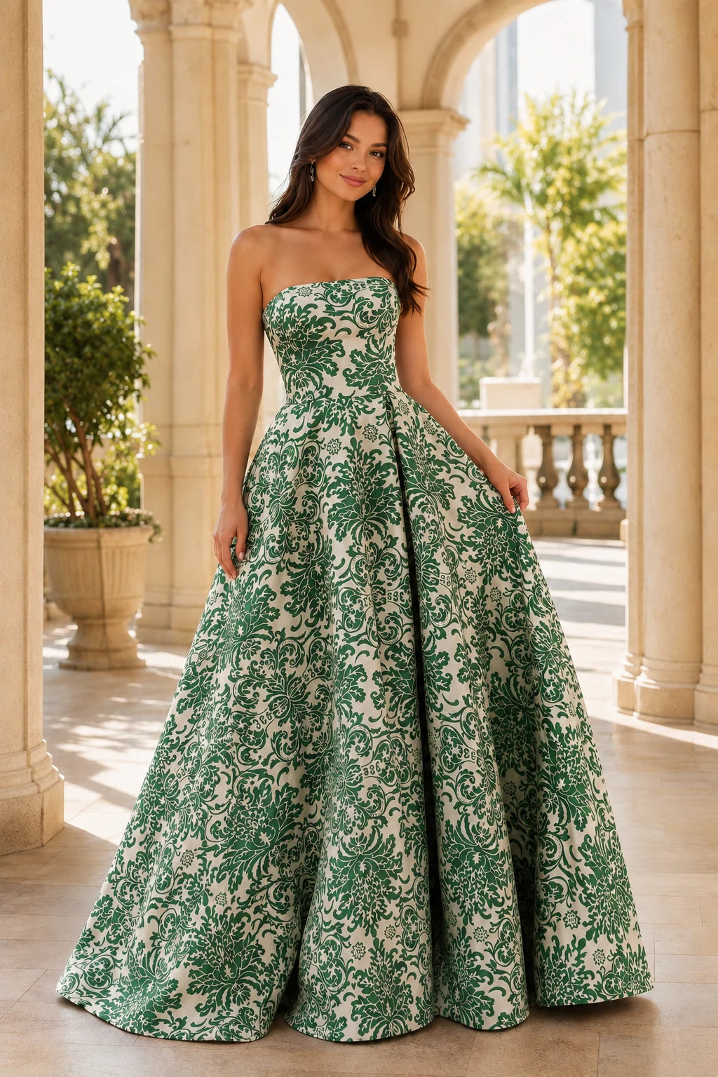 Natalia Strapless Floral Ball Gown Prom Dress in Emerald Green Floral, front view