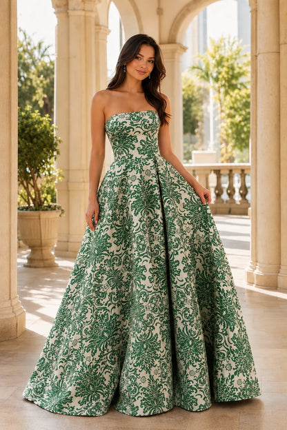 Natalia Strapless Floral Ball Gown Prom Dress in Emerald Green Floral, front view