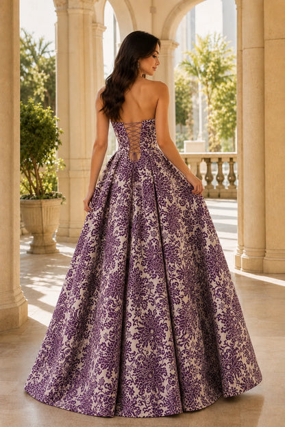 Natalia Strapless Floral Ball Gown Prom Dress in Gemstone Purple Floral, back view