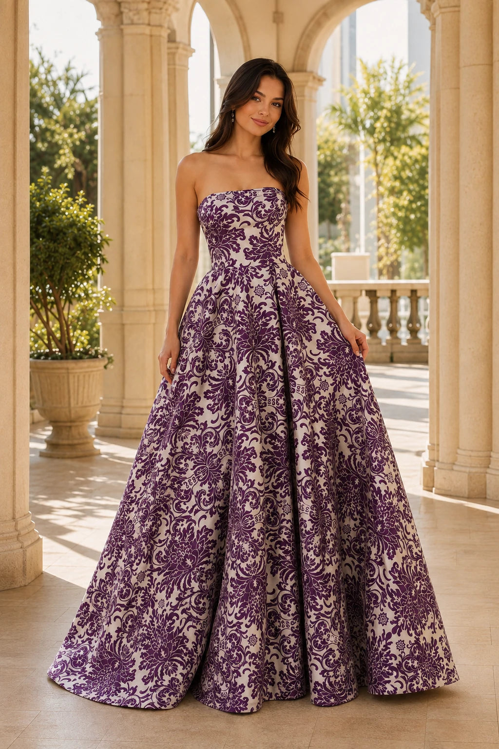 Natalia Strapless Floral Ball Gown Prom Dress in Gemstone Purple Floral, front view