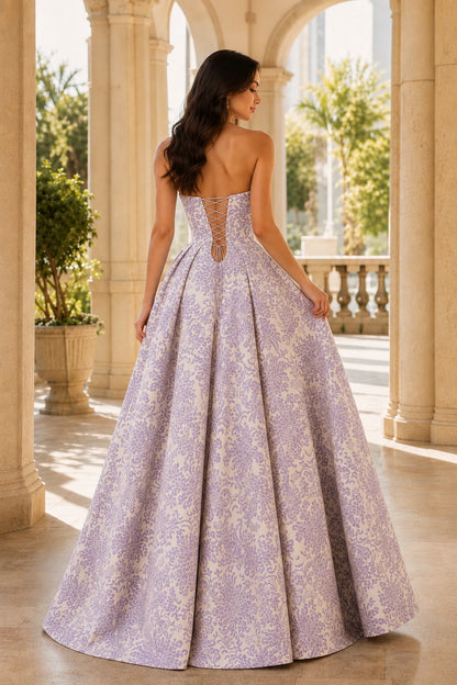 Natalia Strapless Floral Ball Gown Prom Dress in Lavender Floral, back view