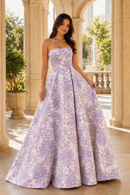 Natalia Strapless Floral Ball Gown Prom Dress in Lavender Floral, front view