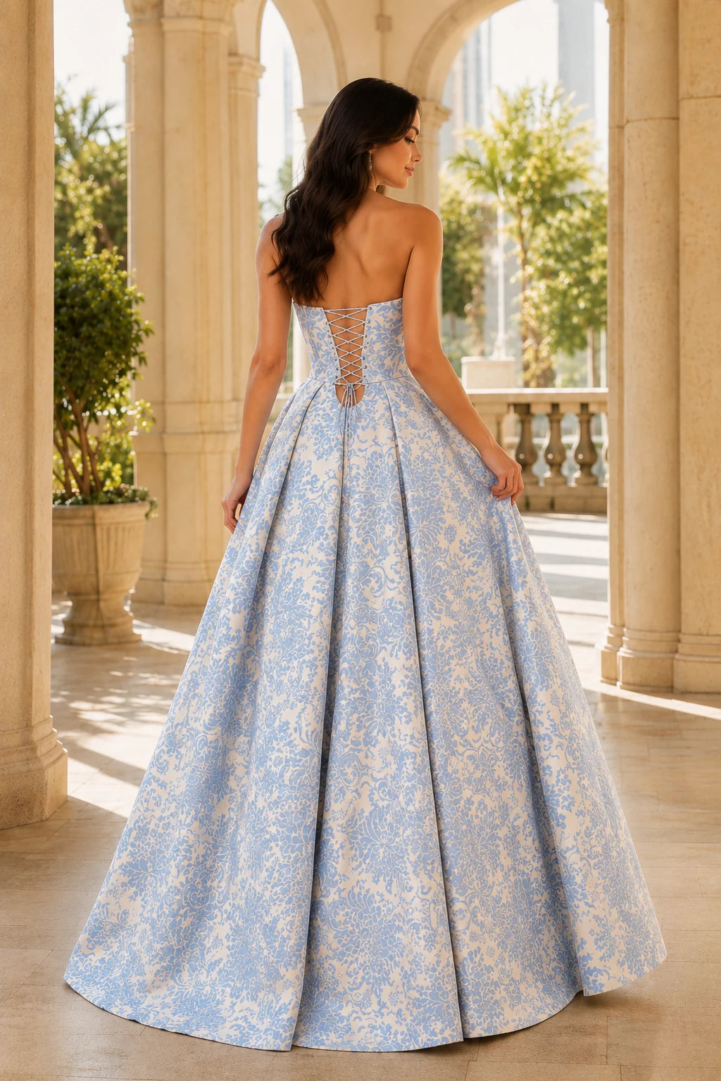 Natalia Strapless Floral Ball Gown Prom Dress in Light Blue Floral, back view