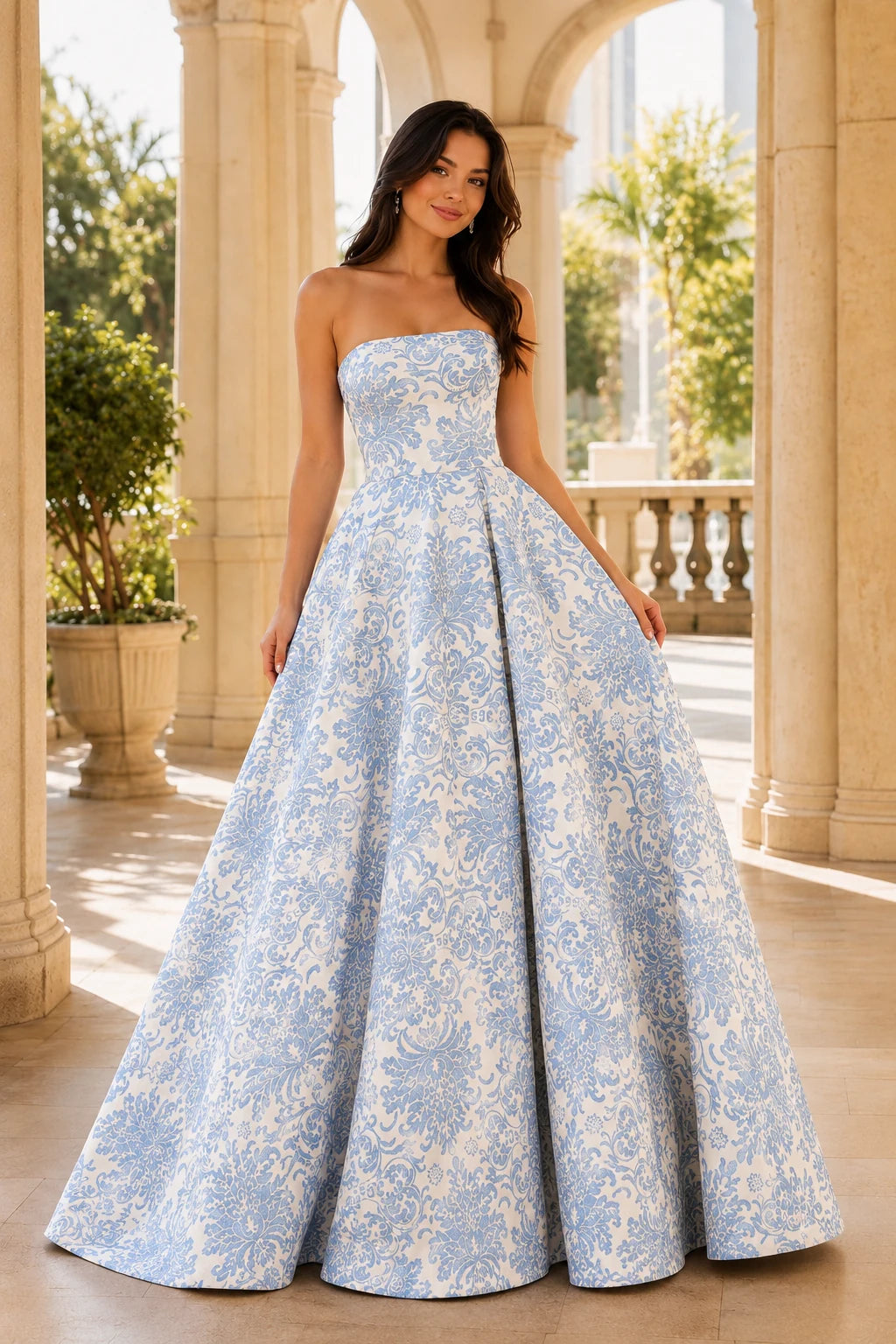Natalia Strapless Floral Ball Gown Prom Dress in Light Blue Floral, front view