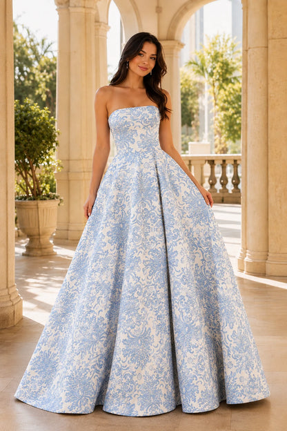 Natalia Strapless Floral Ball Gown Prom Dress in Light Blue Floral, front view