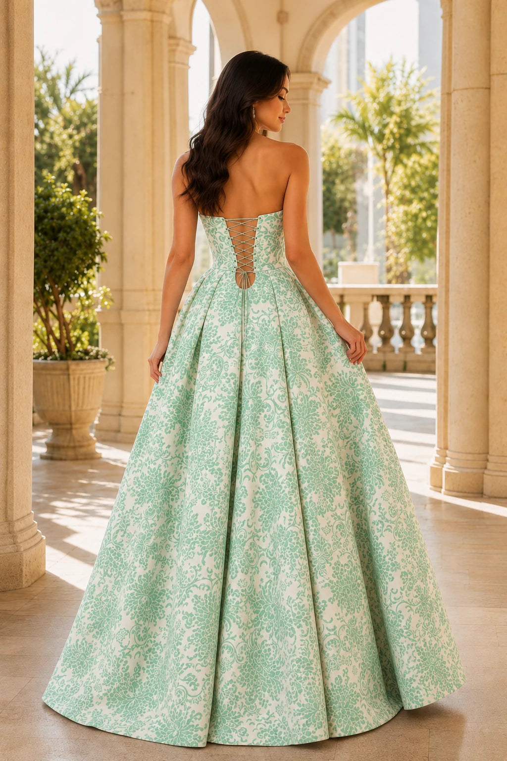 Natalia Strapless Floral Ball Gown Prom Dress in Mint Green Floral, back view
