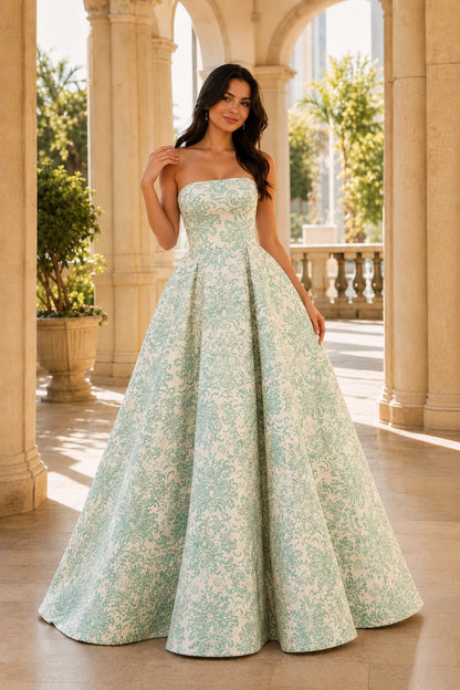Natalia Strapless Floral Ball Gown Prom Dress in Mint Green Floral, front view