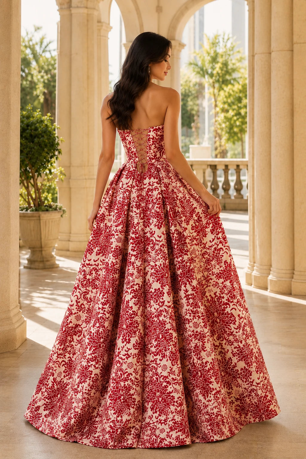 Natalia Strapless Floral Ball Gown Prom Dress in True Red Floral, back view