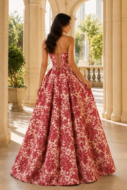 Natalia Strapless Floral Ball Gown Prom Dress in True Red Floral, back view