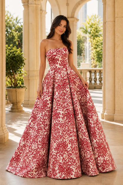 Natalia Strapless Floral Ball Gown Prom Dress in True Red Floral, front view
