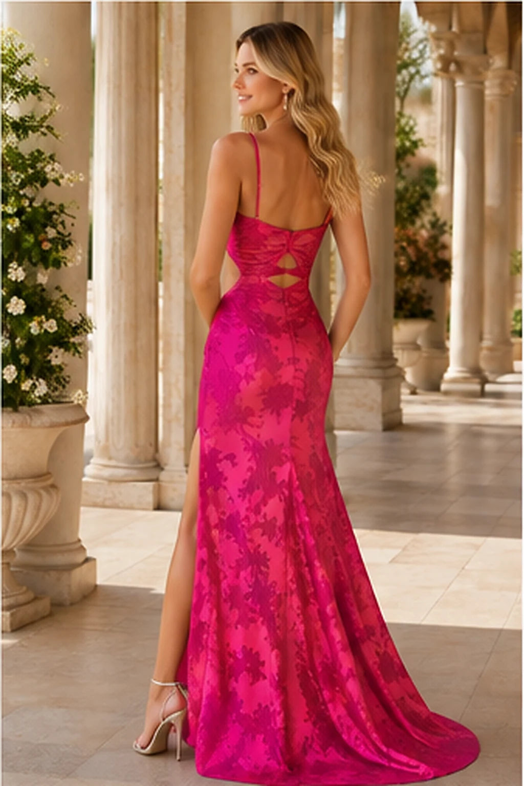 Renata Strapless Floral Mermaid Prom Dress with Slit in Bright Rose Pink Floral, back view
