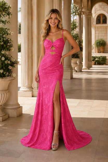 Renata Strapless Floral Mermaid Prom Dress with Slit in Bright Rose Pink Floral, front view