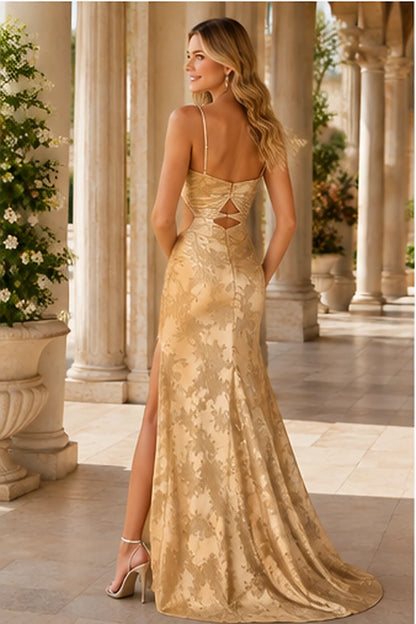 Renata Strapless Floral Mermaid Prom Dress with Slit in Champagne Gold Floral, back view