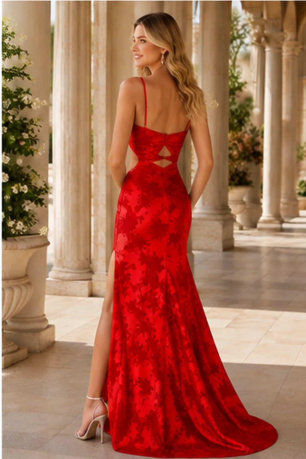 Renata Strapless Floral Mermaid Prom Dress with Slit in True Red Floral, back view