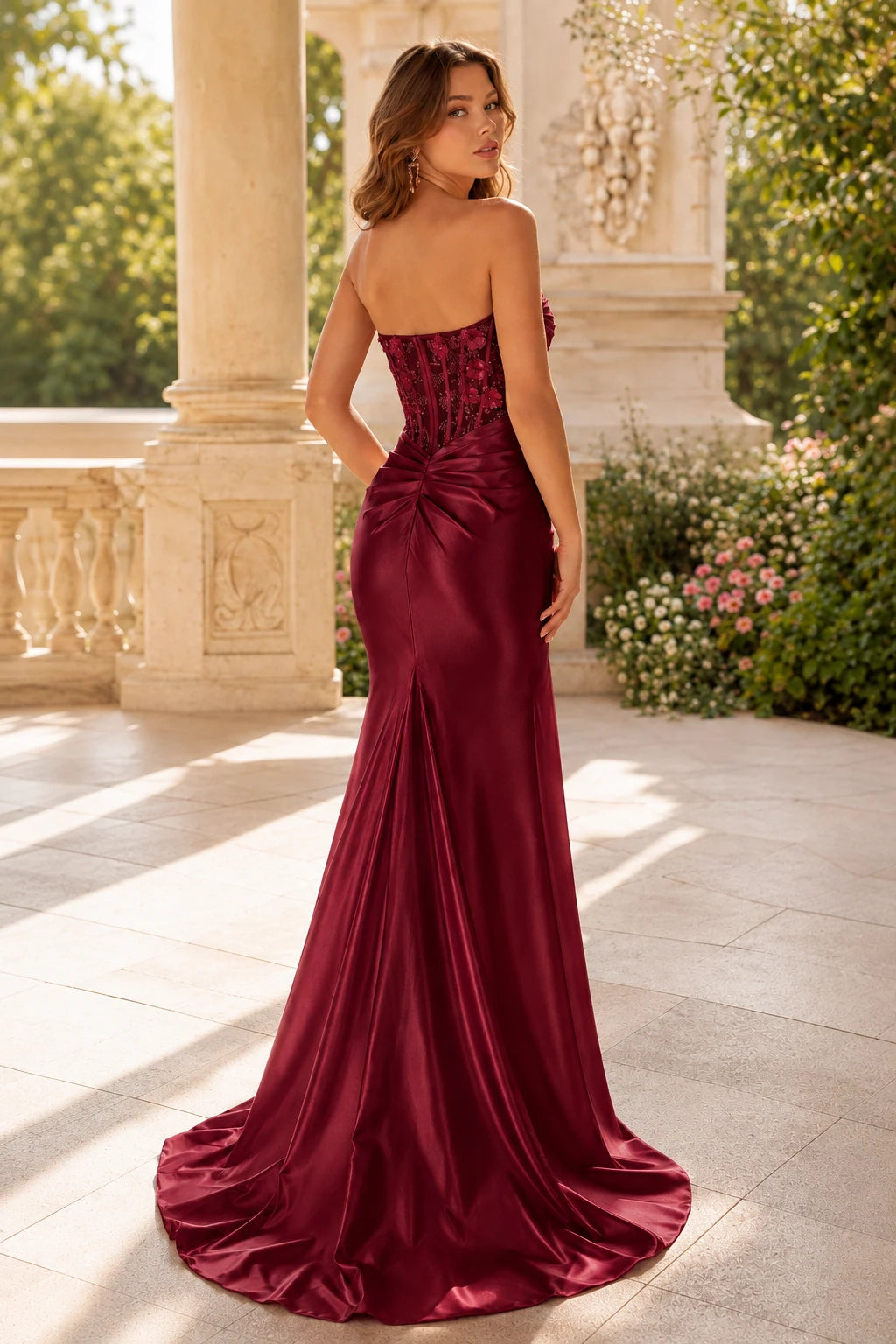 Danica Sweetheart Ruched Mermaid Prom Dress with Slit in Burgundy, back view