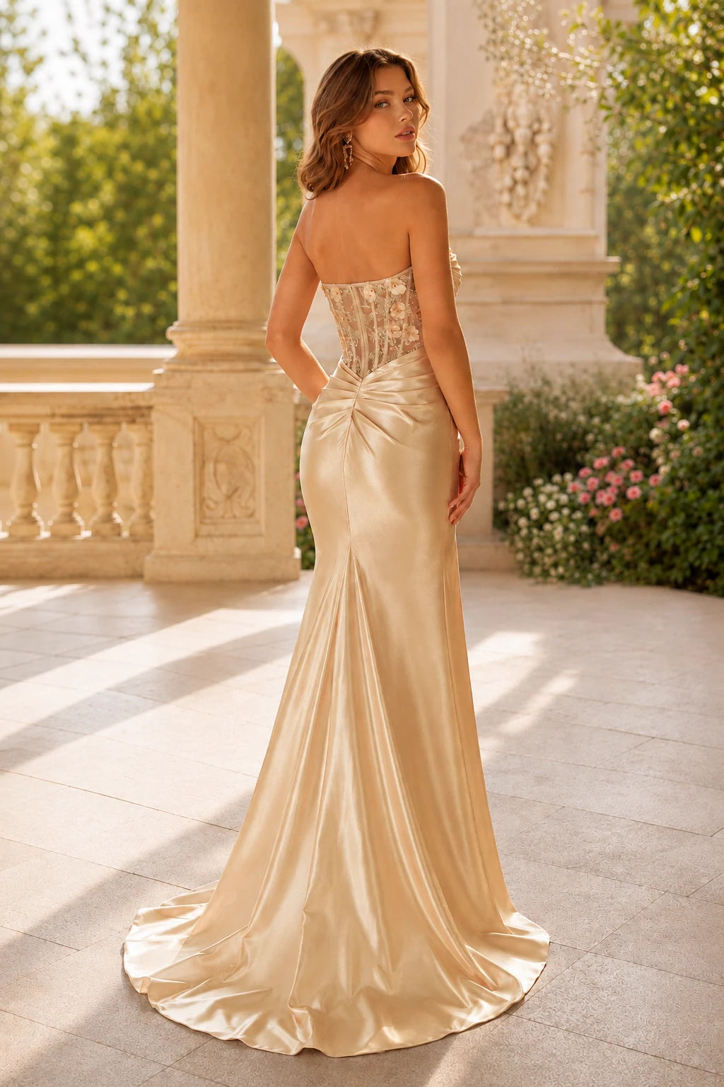 Danica Sweetheart Ruched Mermaid Prom Dress with Slit in Champagne Gold, back view
