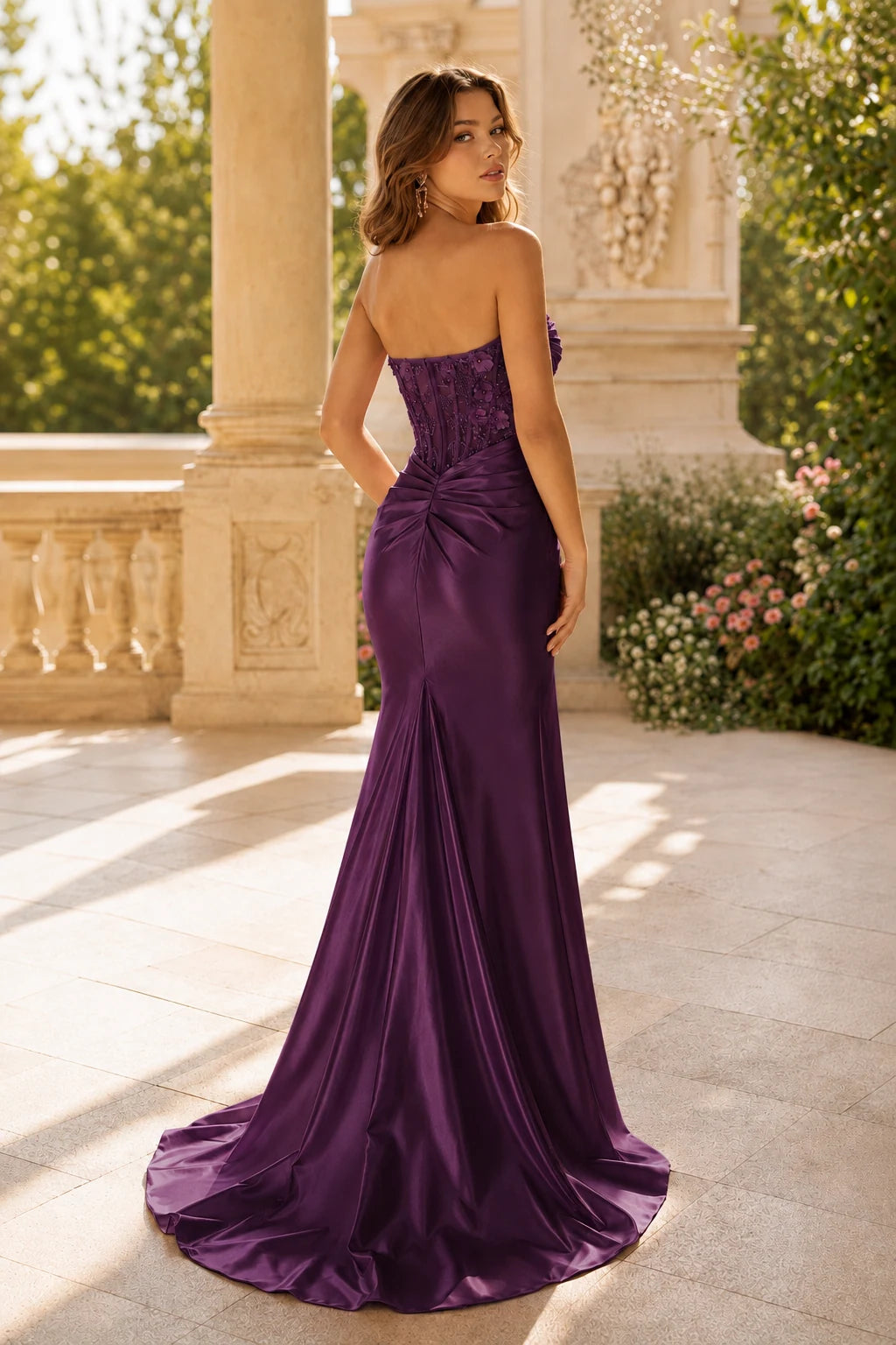 Danica Sweetheart Ruched Mermaid Prom Dress with Slit in Gemstone Purple, back view