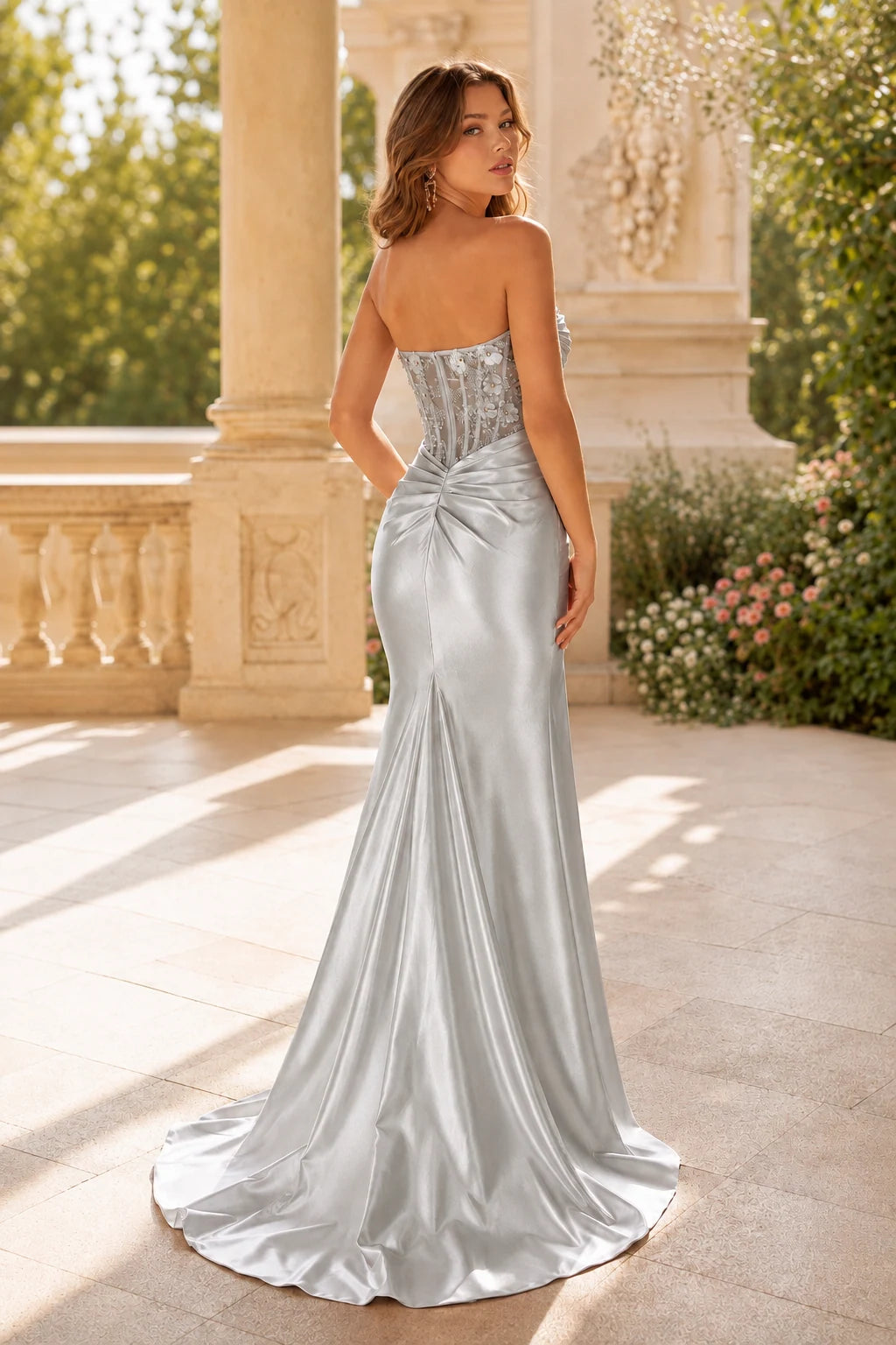 Danica Sweetheart Ruched Mermaid Prom Dress with Slit in Metallic Silver, back view
