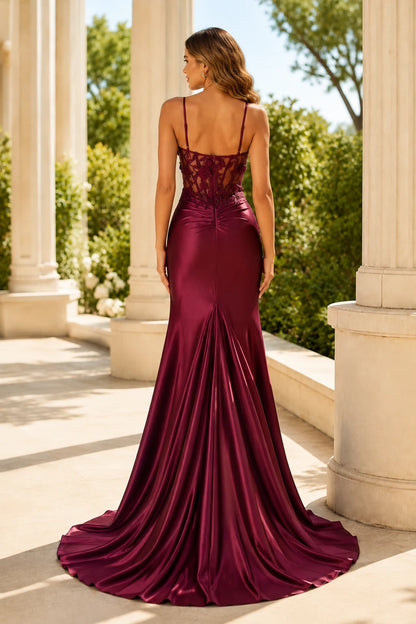 Samara Beaded Corset Mermaid Prom Dress with Slit in Burgundy, back view