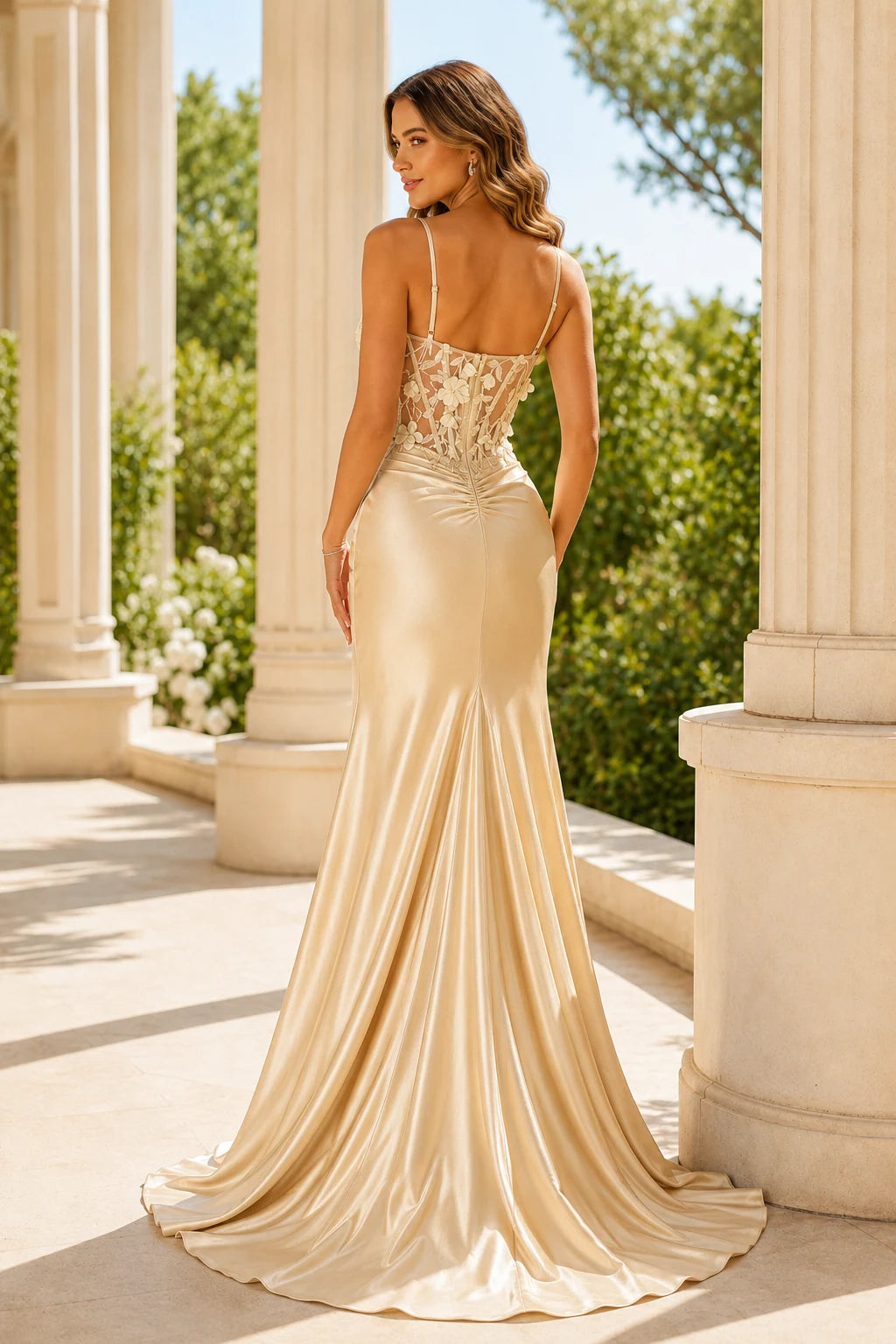 Samara Beaded Corset Mermaid Prom Dress with Slit in Champagne Gold, back view