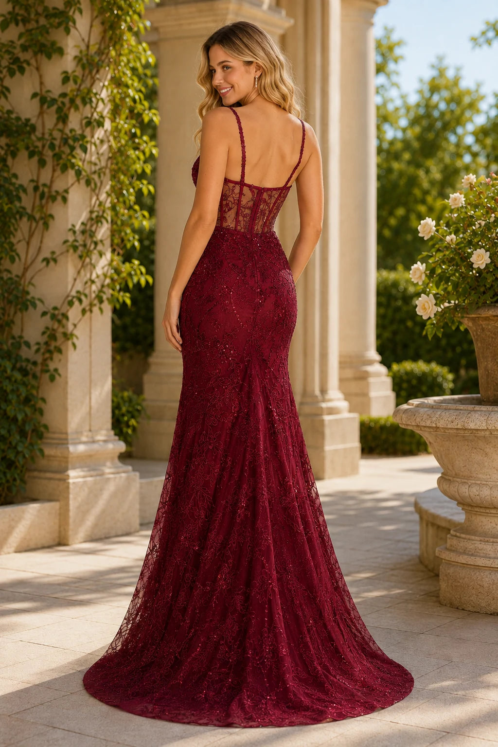 Arabella Beaded Lace Mermaid Prom Dress in Burgundy, back view