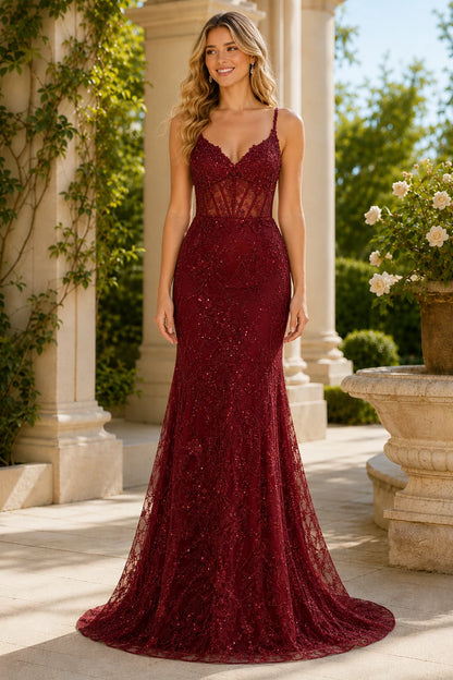Arabella Beaded Lace Mermaid Prom Dress in Burgundy, front view