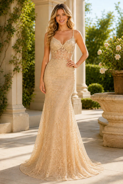 Arabella Beaded Lace Mermaid Prom Dress in Champagne Gold, front view