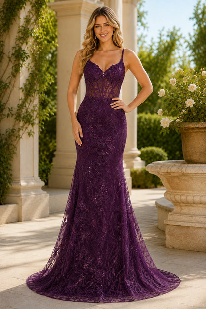 Arabella Beaded Lace Mermaid Prom Dress in Gemstone Purple, front view