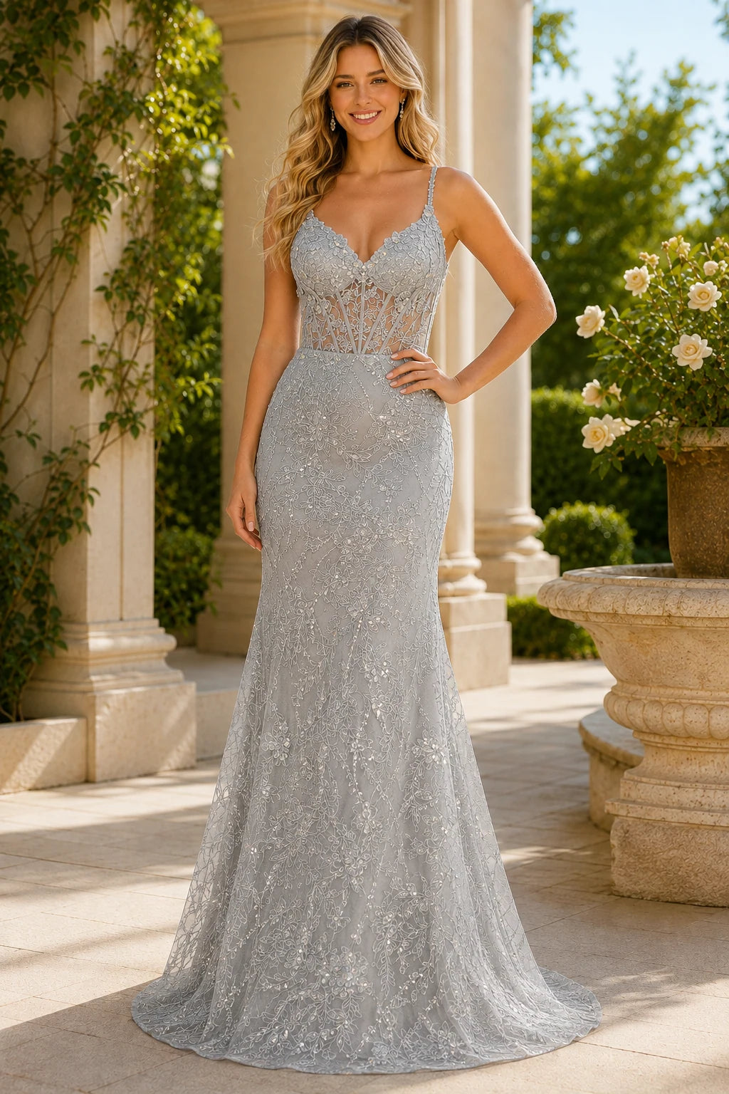 Arabella Beaded Lace Mermaid Prom Dress in Metallic Silver, front view
