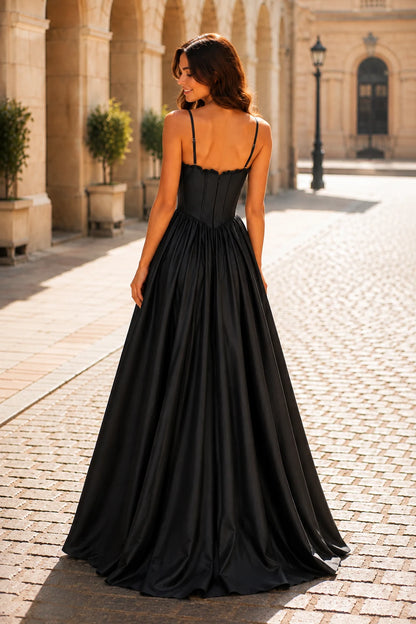 Anastasia Spaghetti-Strap Corset Ball Gown Prom Dress in Black, back view