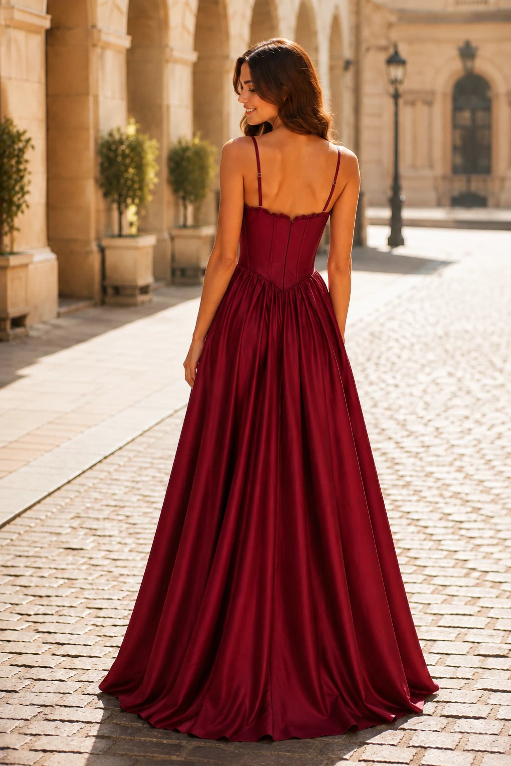 Anastasia Spaghetti-Strap Corset Ball Gown Prom Dress in Burgundy, back view