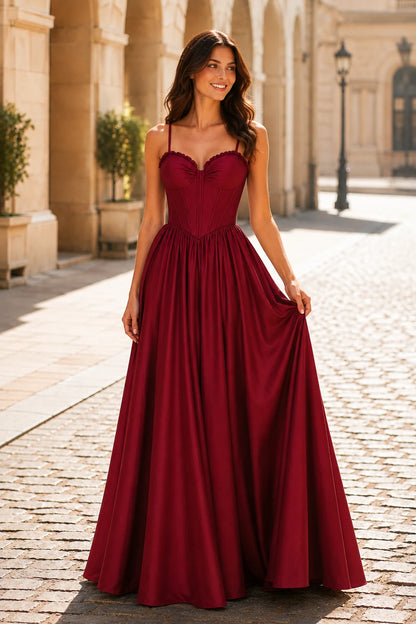 Anastasia Spaghetti-Strap Corset Ball Gown Prom Dress in Burgundy, front view