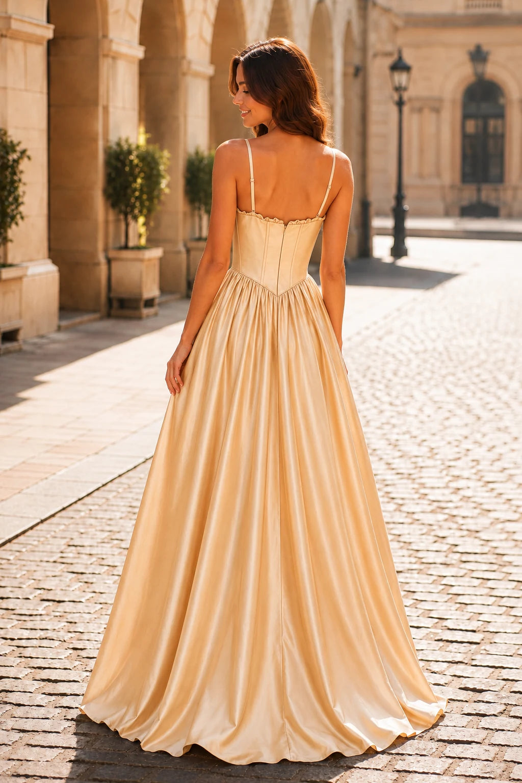 Anastasia Spaghetti-Strap Corset Ball Gown Prom Dress in Champagne Gold, back view