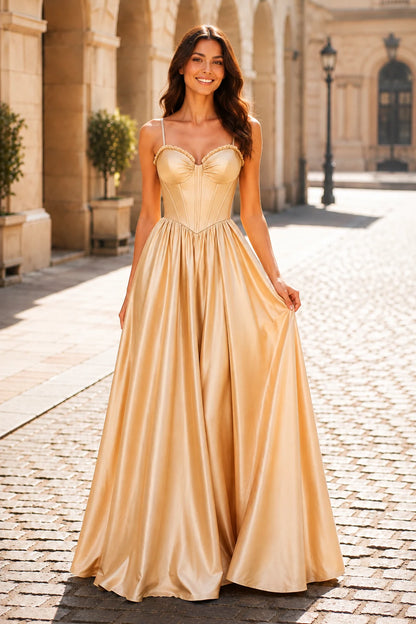 Anastasia Spaghetti-Strap Corset Ball Gown Prom Dress in Champagne Gold, front view