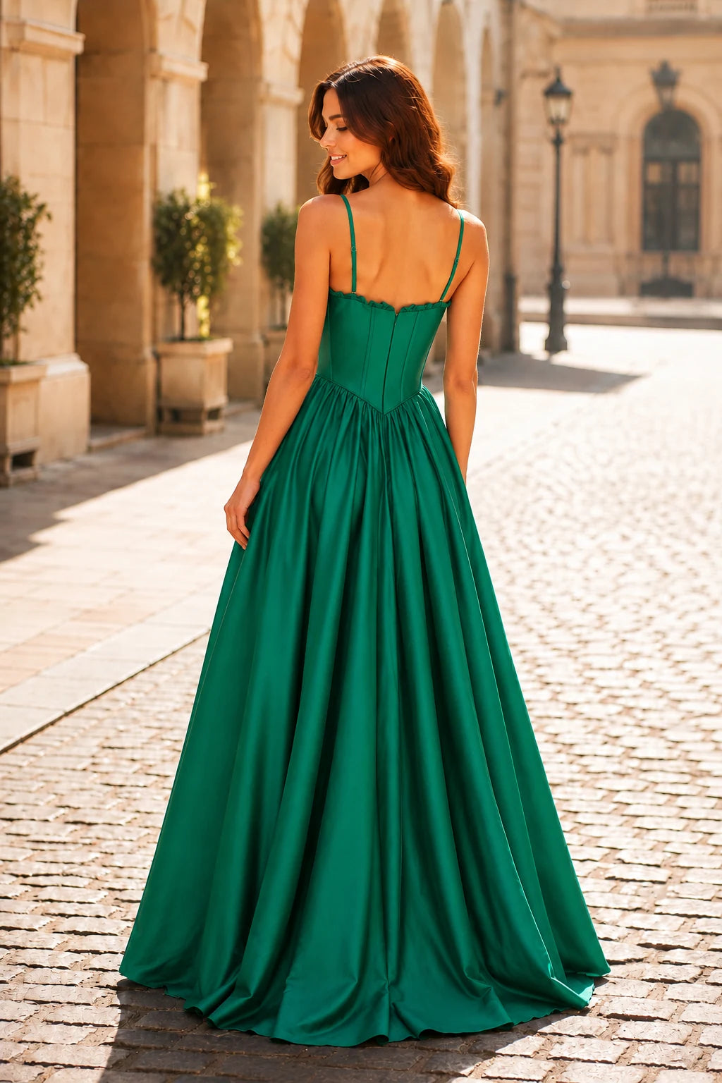 Anastasia Spaghetti-Strap Corset Ball Gown Prom Dress in Emerald Green, back view