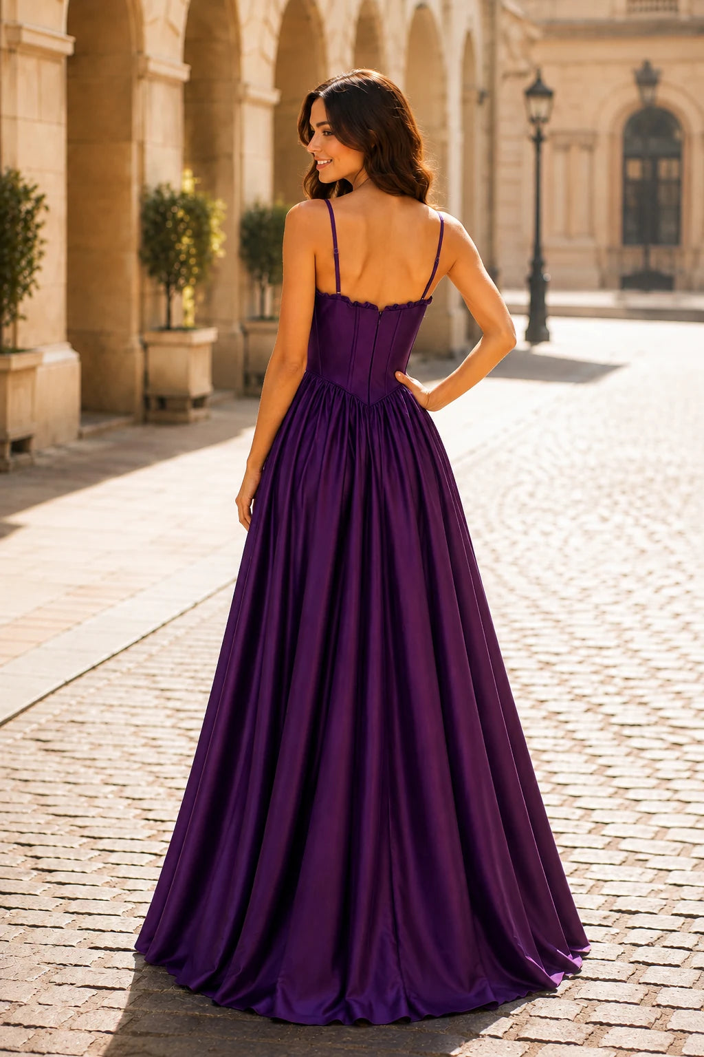 Anastasia Spaghetti-Strap Corset Ball Gown Prom Dress in Gemstone Purple, back view