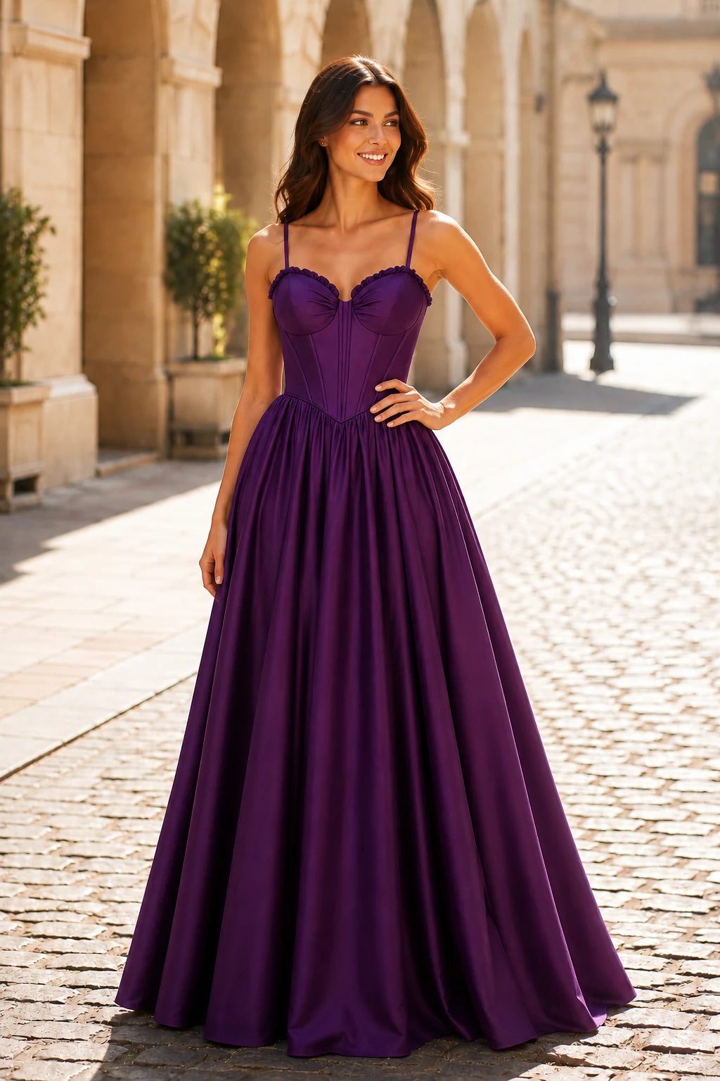 Anastasia Spaghetti-Strap Corset Ball Gown Prom Dress in Gemstone Purple, front view