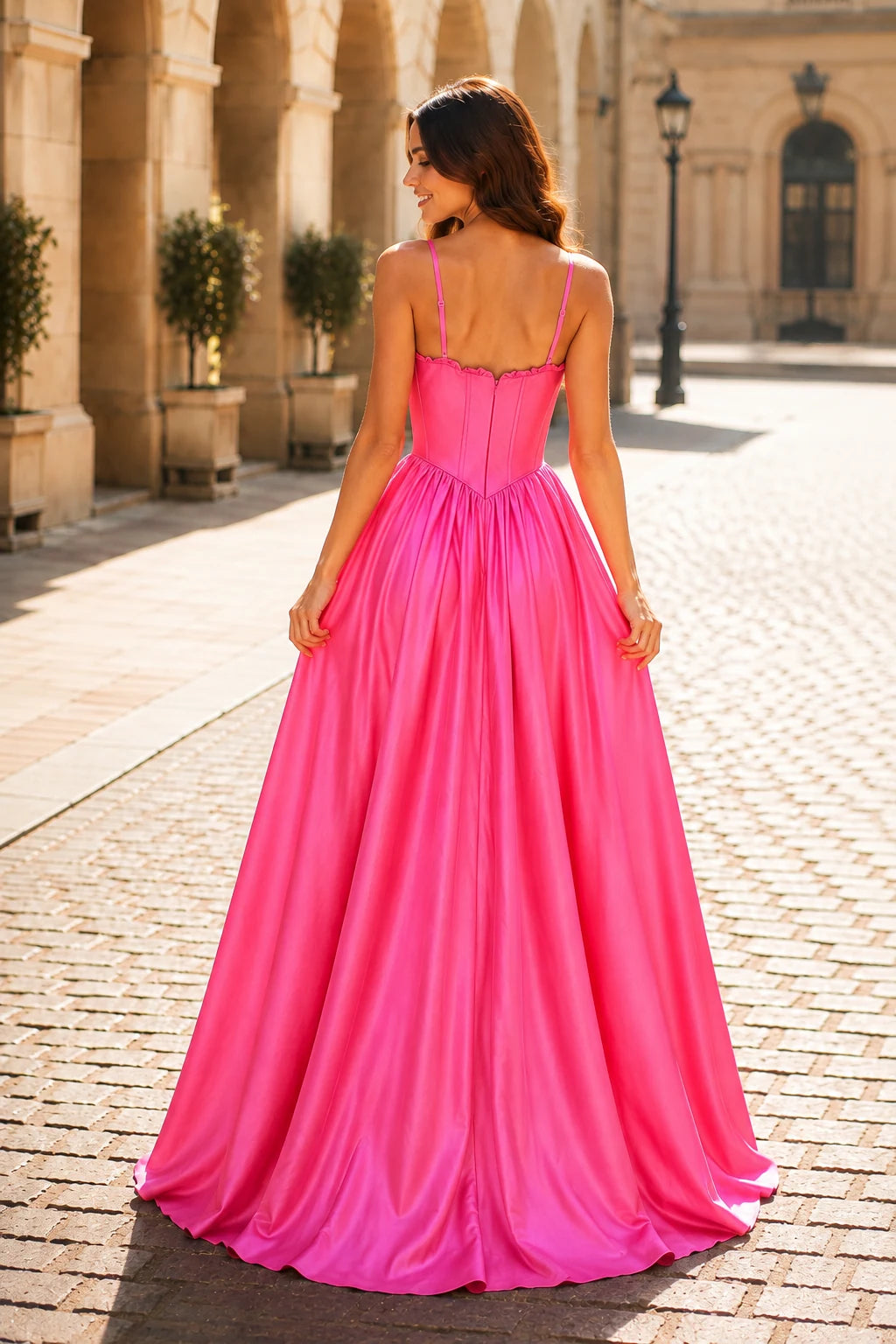 Anastasia Spaghetti-Strap Corset Ball Gown Prom Dress in Hot Pink, back view