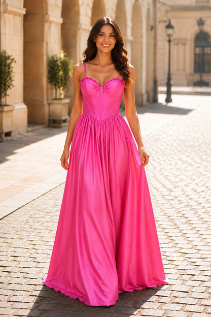 Anastasia Spaghetti-Strap Corset Ball Gown Prom Dress in Hot Pink, front view