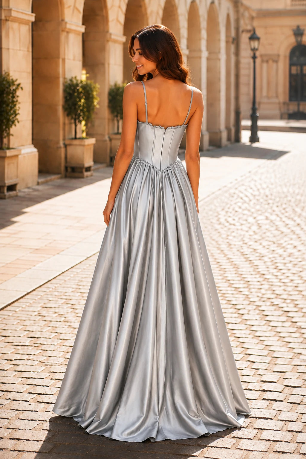 Anastasia Spaghetti-Strap Corset Ball Gown Prom Dress in Metallic Silver, back view