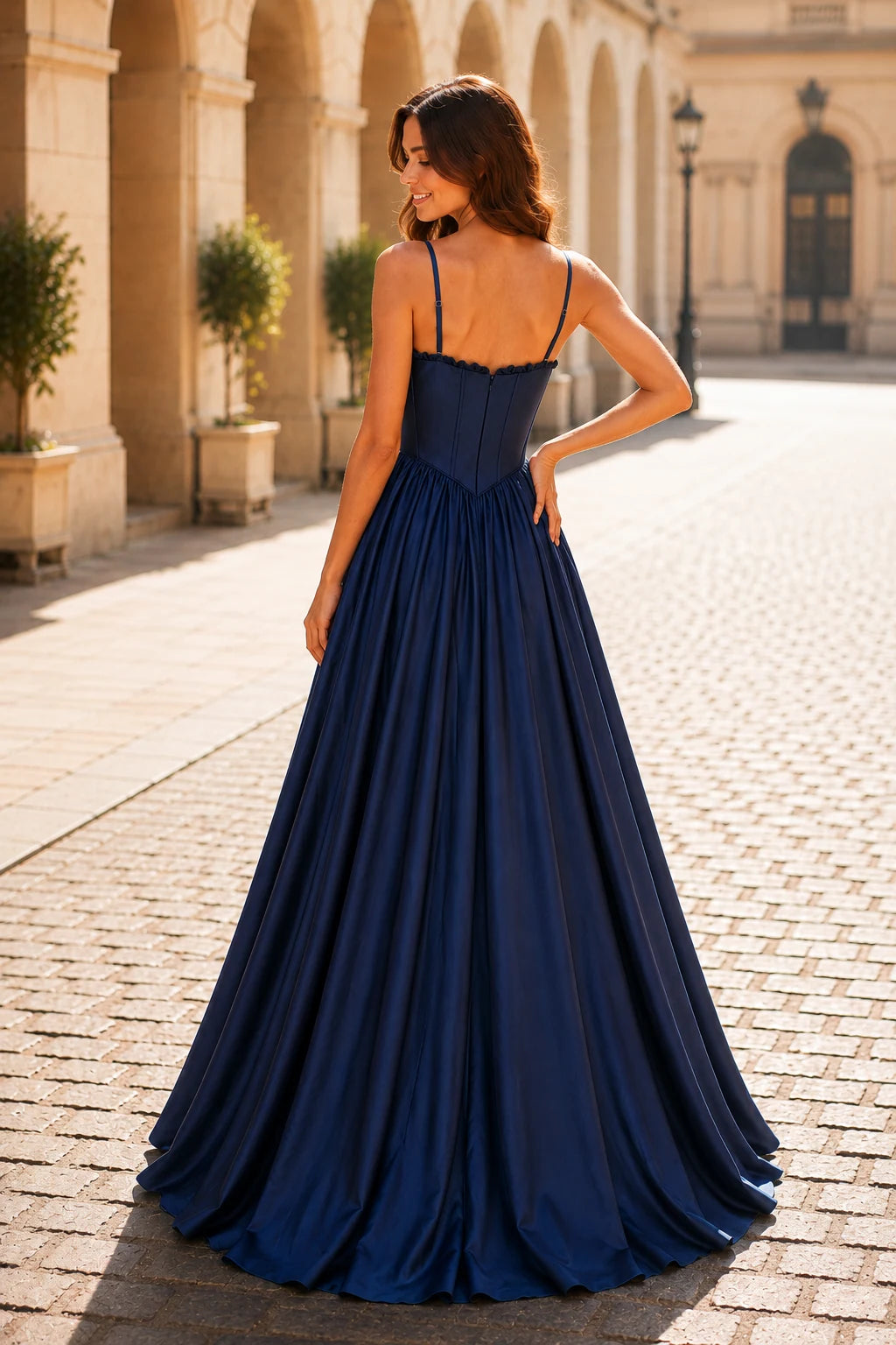 Anastasia Spaghetti-Strap Corset Ball Gown Prom Dress in Midnight Navy, back view