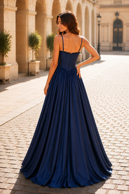 Anastasia Spaghetti-Strap Corset Ball Gown Prom Dress in Midnight Navy, back view