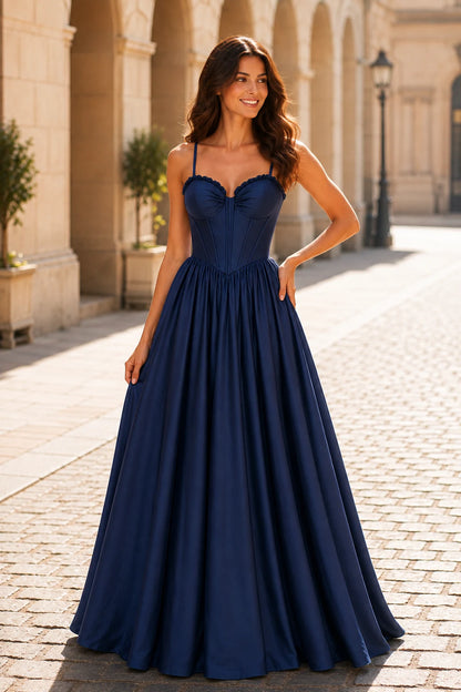 Anastasia Spaghetti-Strap Corset Ball Gown Prom Dress in Midnight Navy, front view